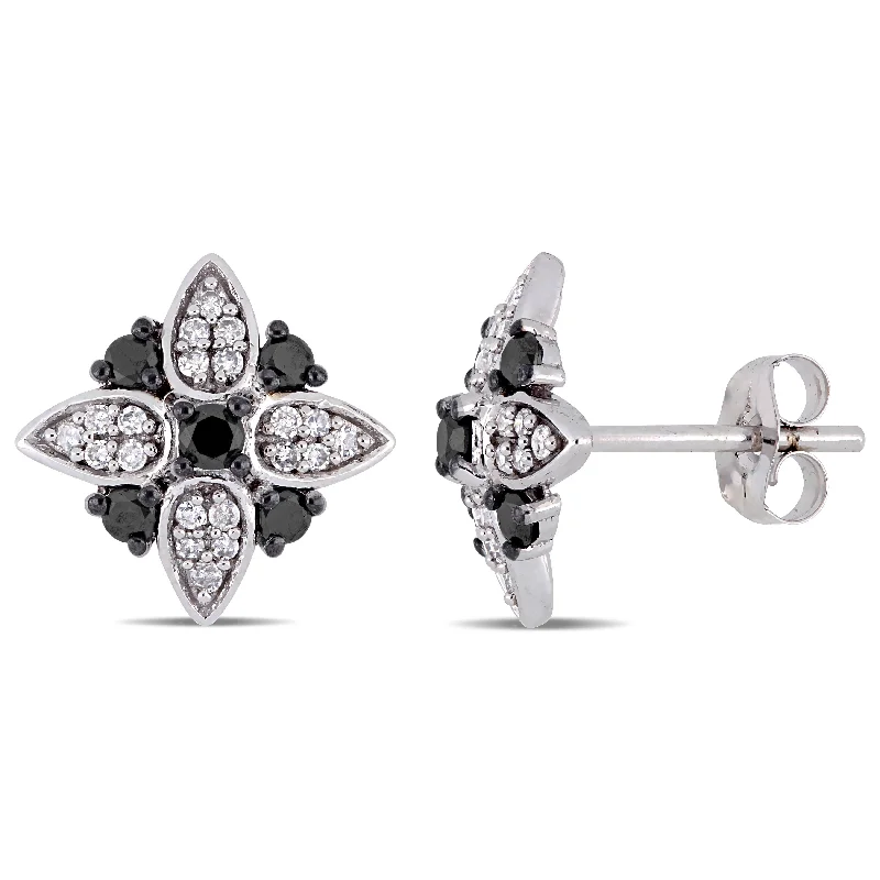 Miadora 10k White Gold 3/8ct TDW Black and White Diamond Floral Stud Earrings