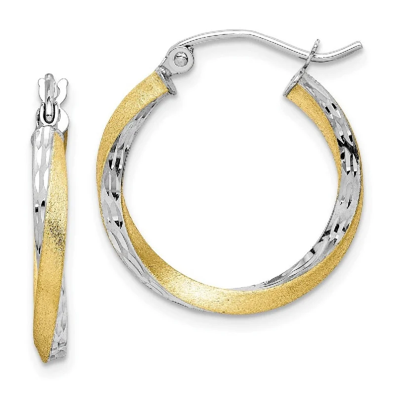 Curata 10k Yellow Gold and Rhodium Sparkle Cut 2.5x21.16mm Twisted Hoop Earrings