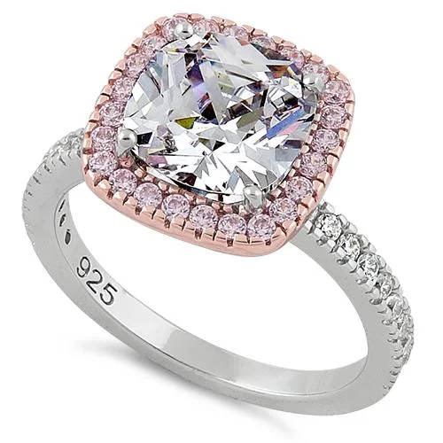 Sterling Silver Rose Gold-Plated Cushion-Cut CZ Halo Ring