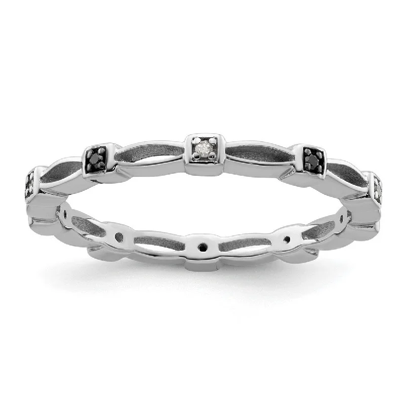 Curata 925 Sterling Silver Polished Prong set Patterned Stackable Expressions Black and White Diamond Ring