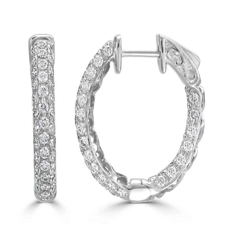 Diamond Oval Hoop Earrings 18K White Gold 1.87 CTTW 3/4" by Joelle Jewelry