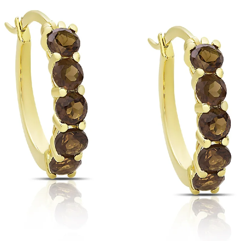 Dolce Giavonna Gold over Sterling Silver Smokey Quartz Hoop Earrings - Brown