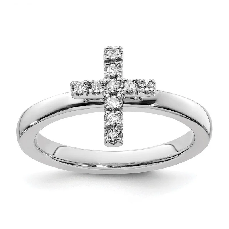 Curata 925 Sterling Silver Polished Prong set Stackable Expressions Religious Faith Cross Diamond Ring