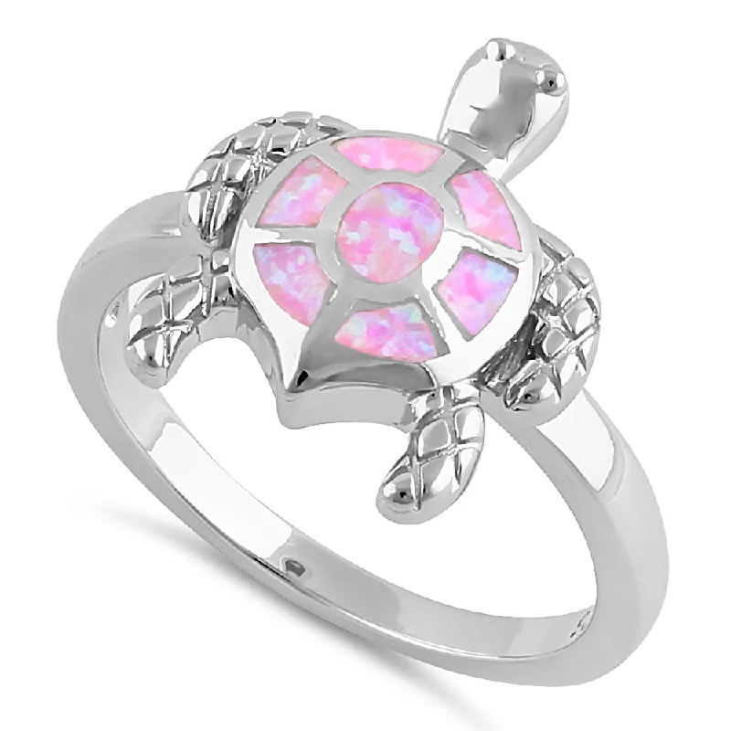 Sterling Silver Turtle Pink Lab Opal Ring