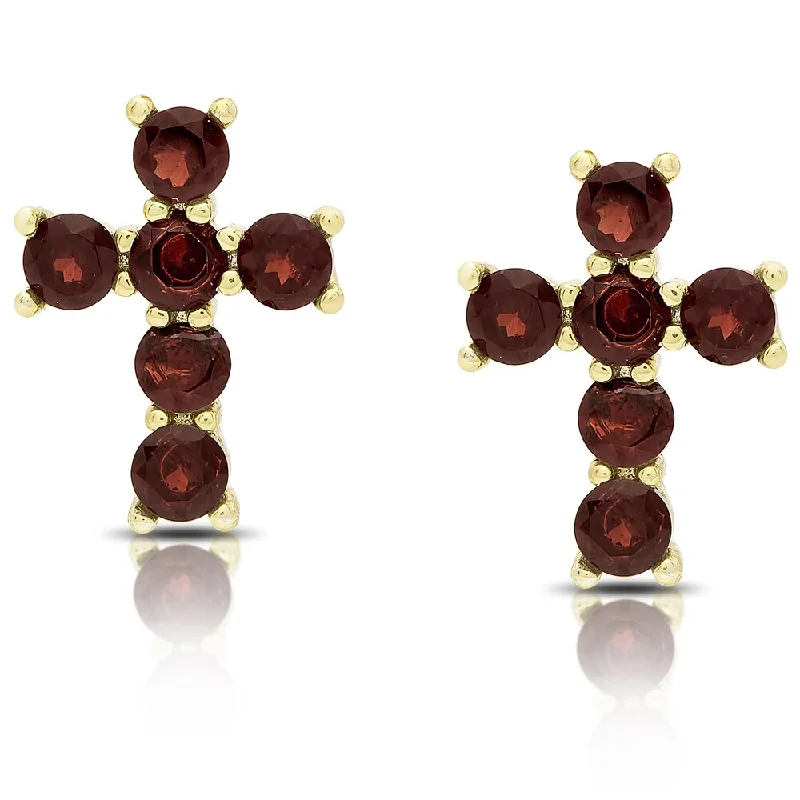 Dolce Giavonna Gold Over Silver Garnet Cross Stud Earrings