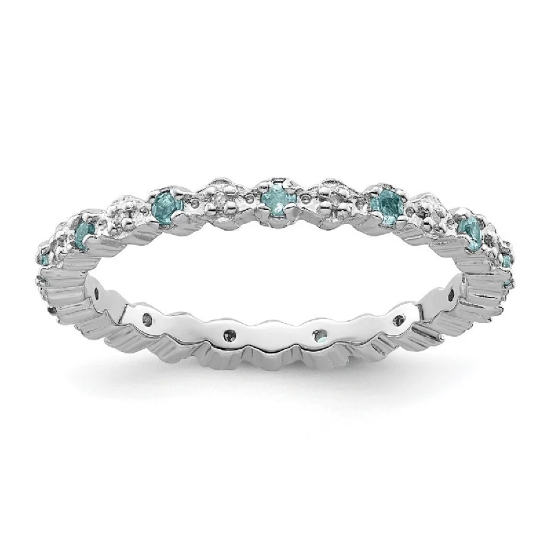 Curata 925 Sterling Silver Polished Prong set Stackable Expressions Blue Topaz and Diamond Ring