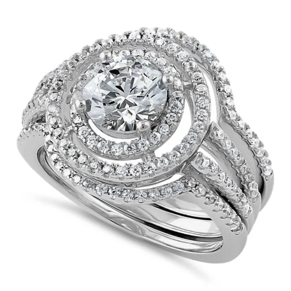 Sterling Silver Double Halo 3-Piece CZ Engagement Ring