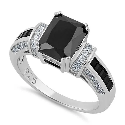 Sterling Silver Black Emerald Cut CZ Ring