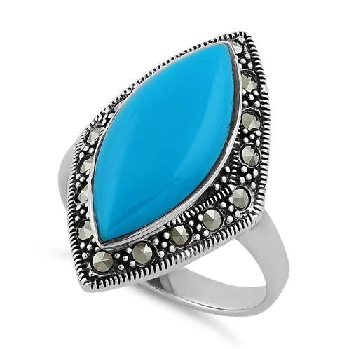 Sterling Silver Marquise Simulated Turquoise Marcasite Ring