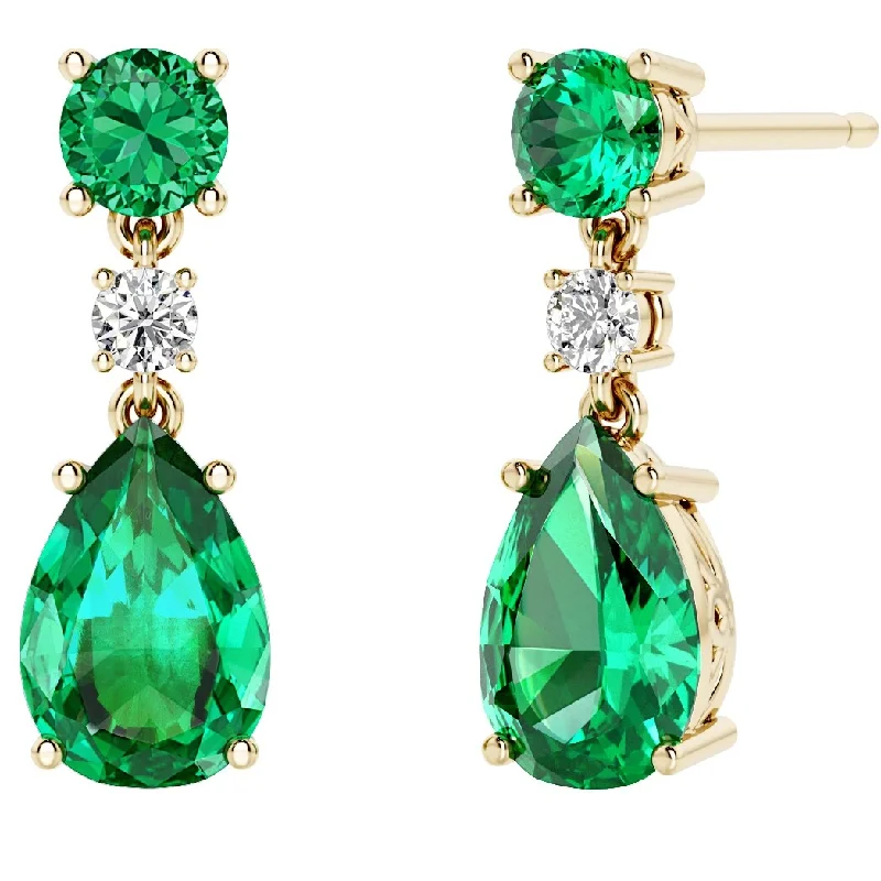 2.50 ct Pear Shape Emerald and Diamond Drop Earrings 14k Yellow Gold