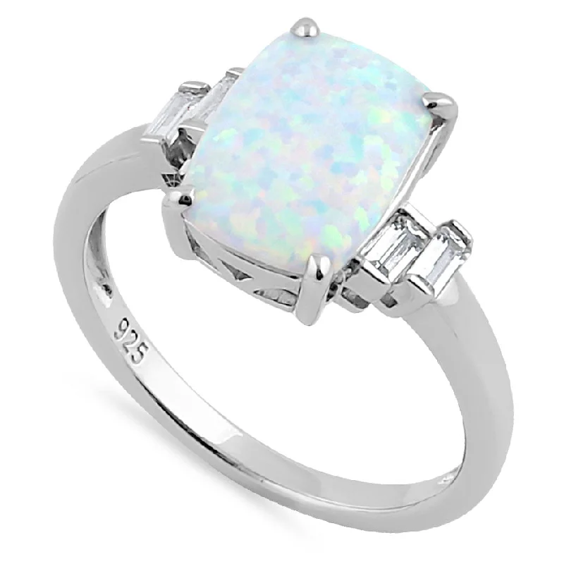 Sterling Silver White Lab Opal Rectangular Ring