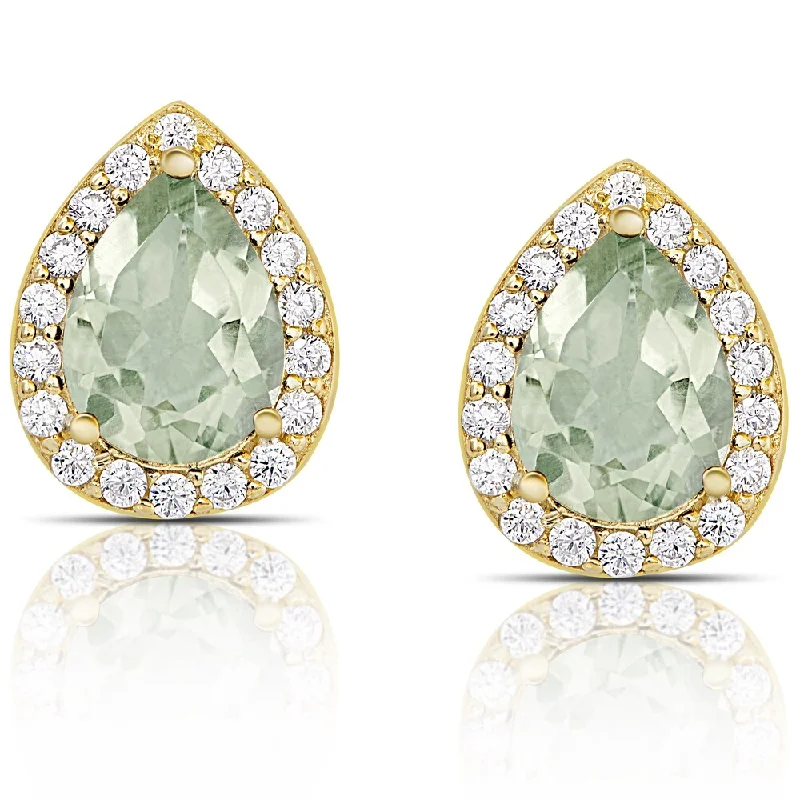 Dolce Giavonna Gold over Sterling Silver Green Amethyst and Cubic Zirconia Teardrop Stud Earrings