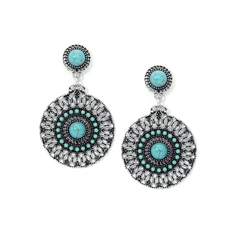 Silver Plated Medallion Simulated Turquoise Wire Earrings