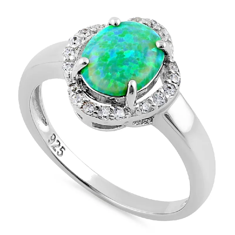 Sterling Silver Elegant Green Lab Opal Oval Flower Halo CZ Ring