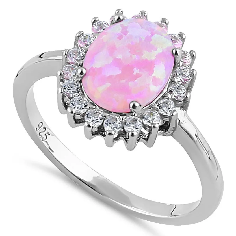 Sterling Silver Pink Opal Oval CZ Halo Ring