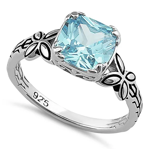 Sterling Silver Cushion-Cut Aqua CZ Ring