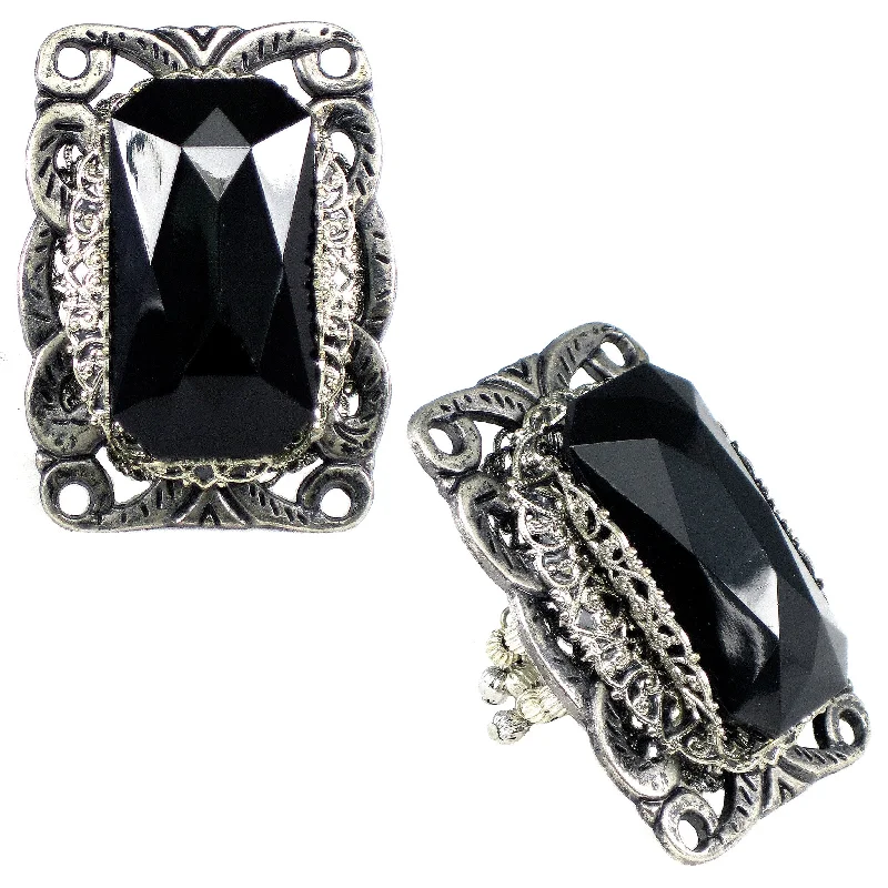 #815r Oversized Jet Cabochon & Silver Tone Filigree Ring