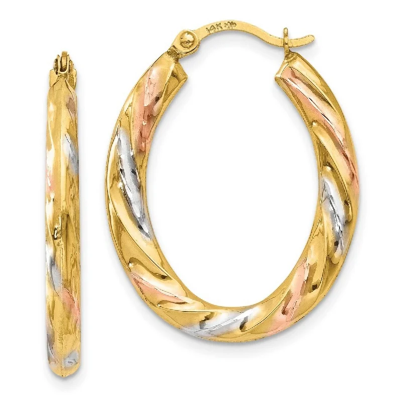 Curata 14k Tri-color Gold 24mm Oval Swirl Hoop Earrings