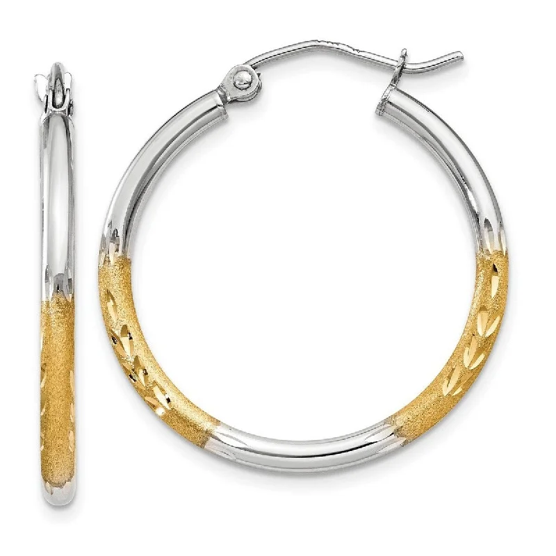 Curata 14k Yellow Gold and Rhodium 20x2mm Satin and Diamond Cut Hoop Earrings