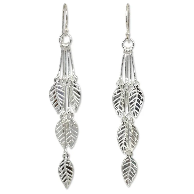 NOVICA Handmade Sterling Silver Leaf Chimes Dangling Leaf Style Earrings (Thailand) - 2.5*0.4