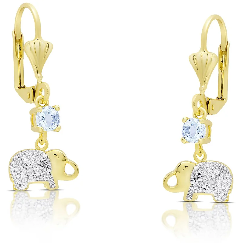 Dolce Giavonna Gold Over Sterling Silver Blue Topaz and Diamond Accent Elephant Dangle Earrings