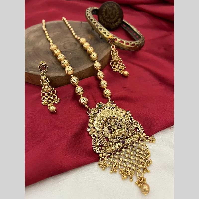 FS Collection Gold Plated Pota Stone And Pearls Temple Long Necklace Set