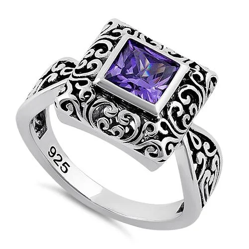 Sterling Silver Amethyst CZ Bali Ring