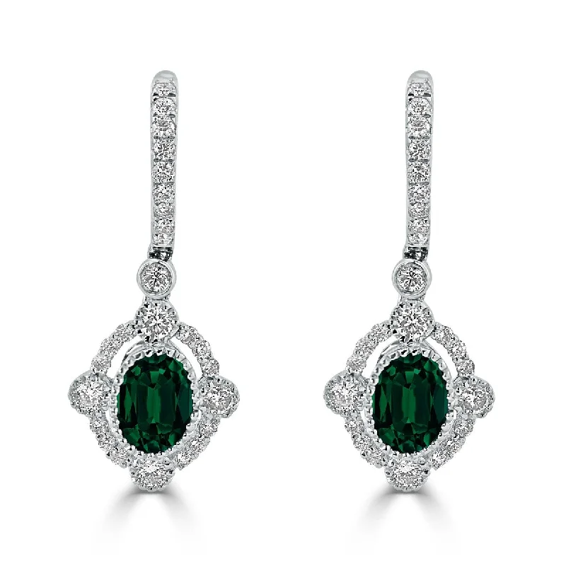 Auriya 1 3/8ct Fancy Oval-cut Emerald Halo Diamond Dangle Earrings 7/8ctw 18k Gold