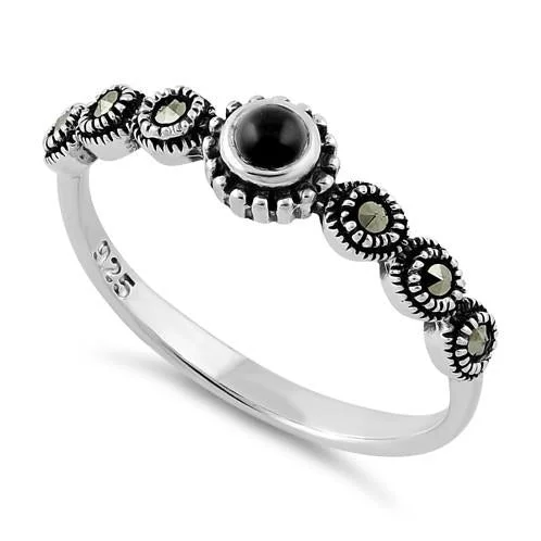 Sterling Silver Small Round Black Onyx Marcasite Ring