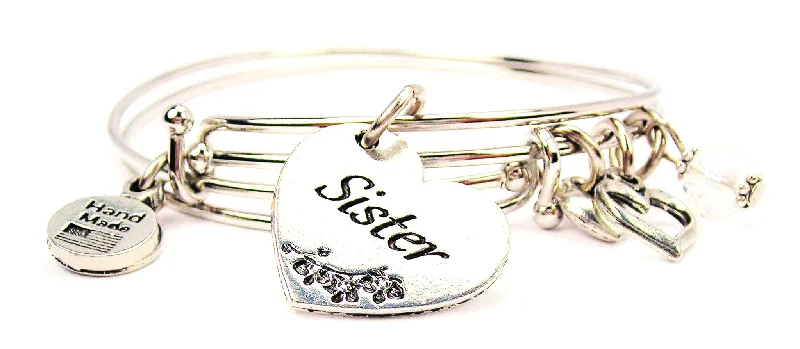 Sister Heart Expandable Bangle Bracelet Set