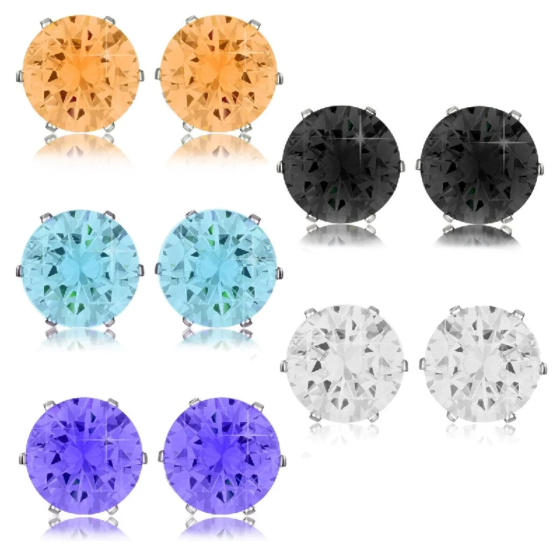 Simulated Gemstone CZ Stainless Steel Stud Earrings - 5 Pair Set