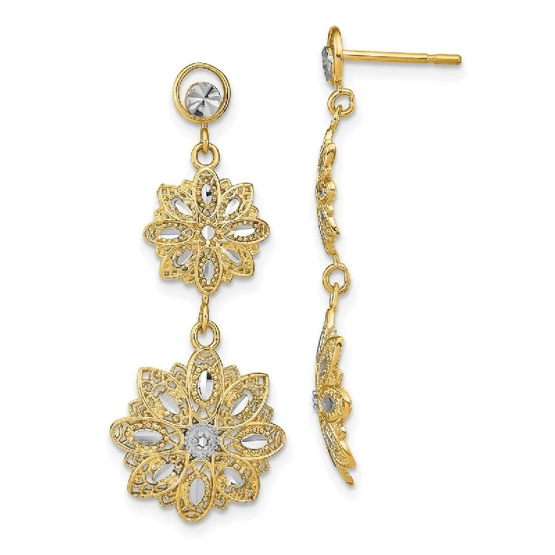 Curata 14k Two tone Gold Flower With Filigree and White Sparkle Cut Petals Long Drop Dangle Earrings - 37x14.5