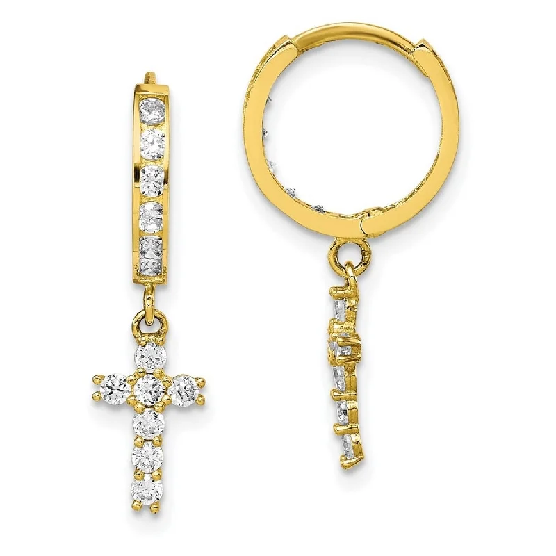 Curata 10k CZ Cubic Zirconia Religious Faith Cross Hinged Hoop Earrings - 23.46x6.25mm Wide