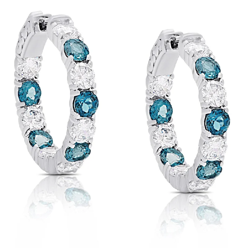 Dolce Giavonna Sterling Silver London Blue Topaz and White Topaz Hoop Earrings