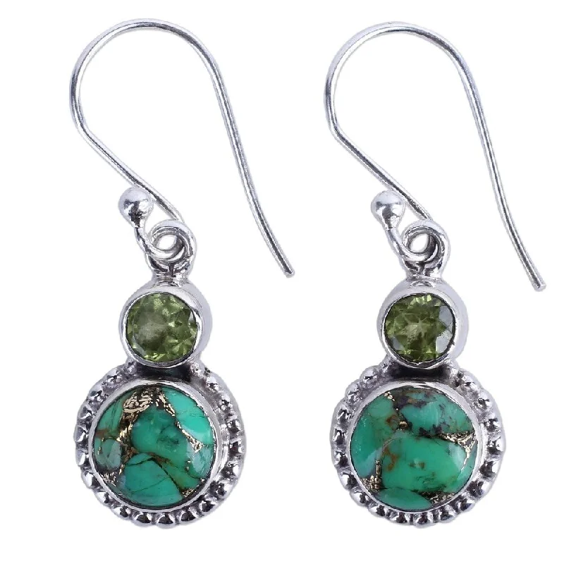 Handmade Forest Floor Turquoise Peridot Earrings (India) - Silver - 1.3*0.4