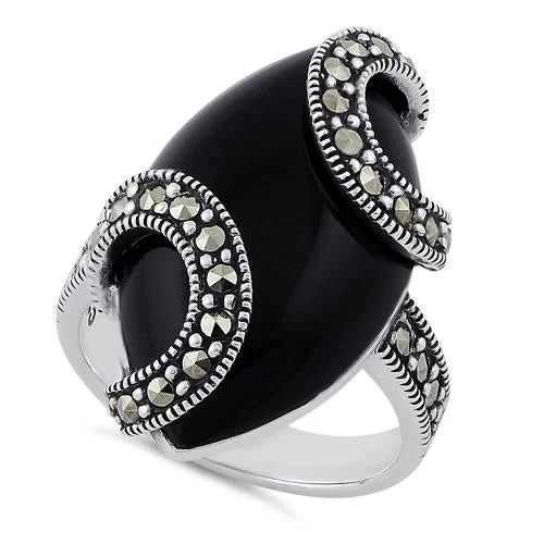 Sterling Silver Black Onyx Oval Wrap Marcasite Ring