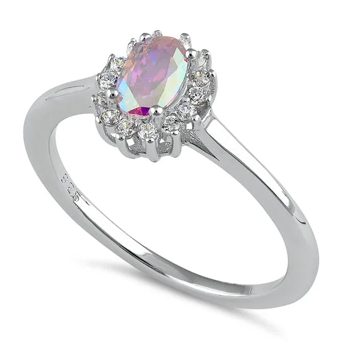 Sterling Silver Oval Iridescent Rainbow Halo CZ Ring