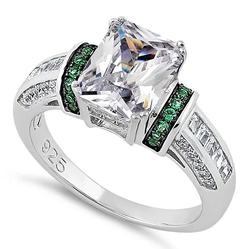 Sterling Silver Emerald-Cut Green CZ Ring