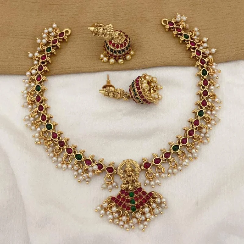 FS Collection Gold Plated Pota Stone And Pearls Temple Necklace set