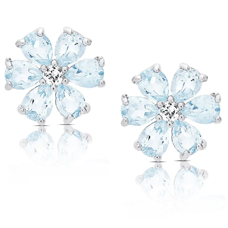 Dolce Giavonna Sterling Silver Blue and White Topaz Flower Stud Earrings