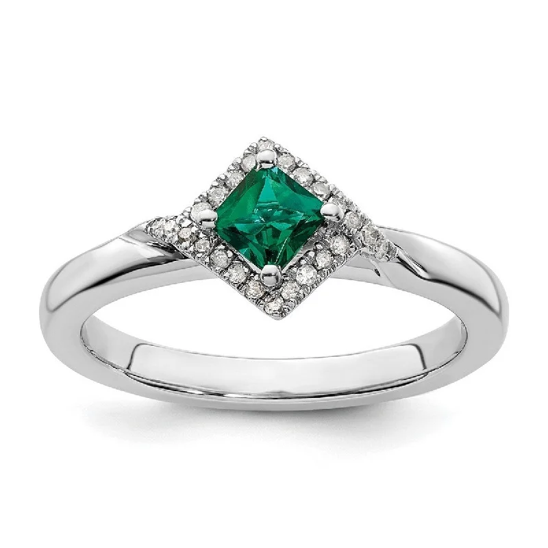 Curata 2.25mm 925 Sterling Silver Prong set Stackable Expressions Polished Created Emerald and Diamond Ring