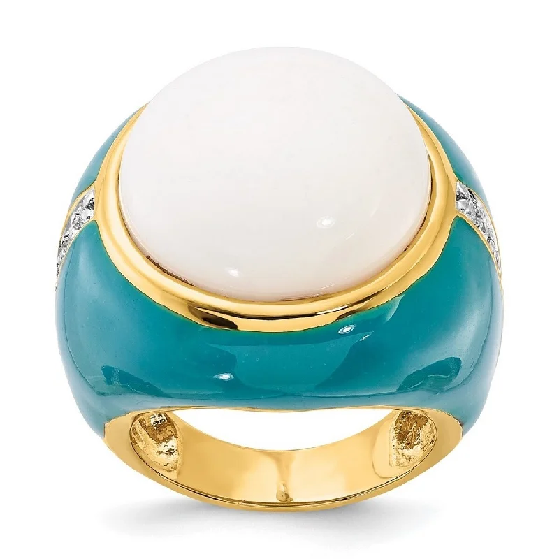 Curata Gold Plated 925 Sterling Silver Blue Enam Simul. Wht Agate and CZ Cubic Zirconia Simulated Diamond Ring