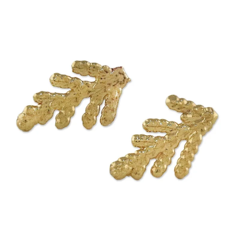 NOVICA Natural Needles, Gold plated natural leaf button earrings - 0.9*0.6