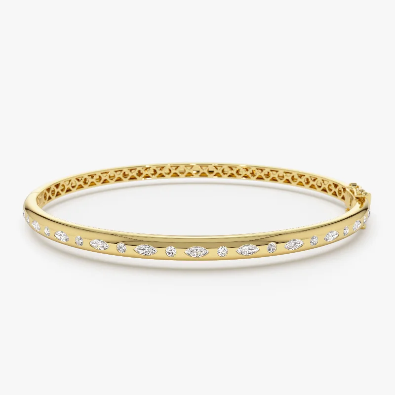 14k Flush Setting Marquise Shaped and Round Diamond Bangle