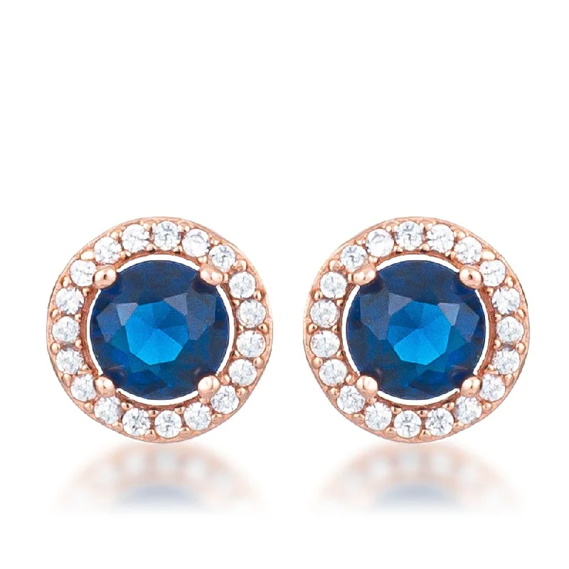 2.3Ct Rose Gold Plated Sapphire Blue Cz Halo Earrings - Multicolor - 9.7mm x 9.7mm x 5.5mm