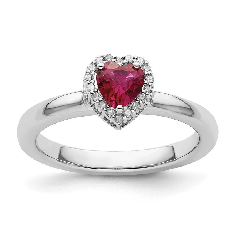 Curata 925 Sterling Silver Polished Prong set Stackable Expressions Cr. Ruby Love Heart Diamond Ring