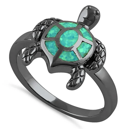 Sterling Silver  Black Rhodium Plated Turtle Green Lab Opal Ring