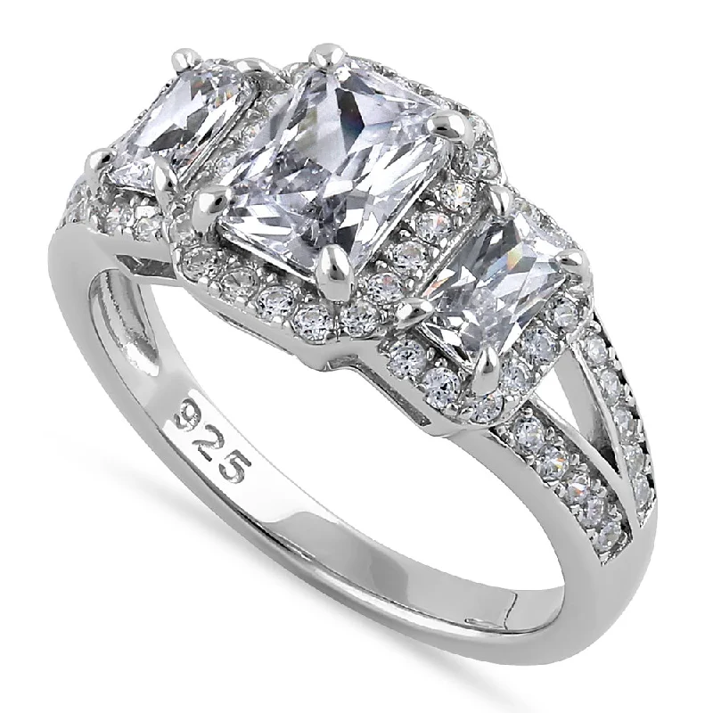 Sterling Silver 3-Stone Halo CZ Ring