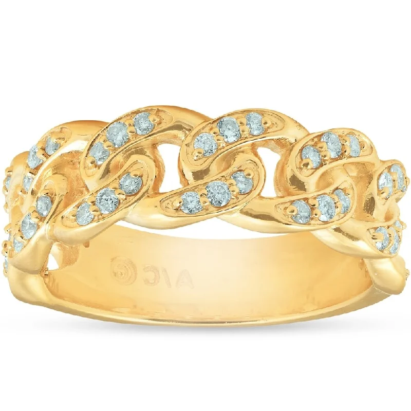 1/2 Ct Mens Heavy Weight Solid Yellow Gold Curb Chain Diamond Ring Wedding Band