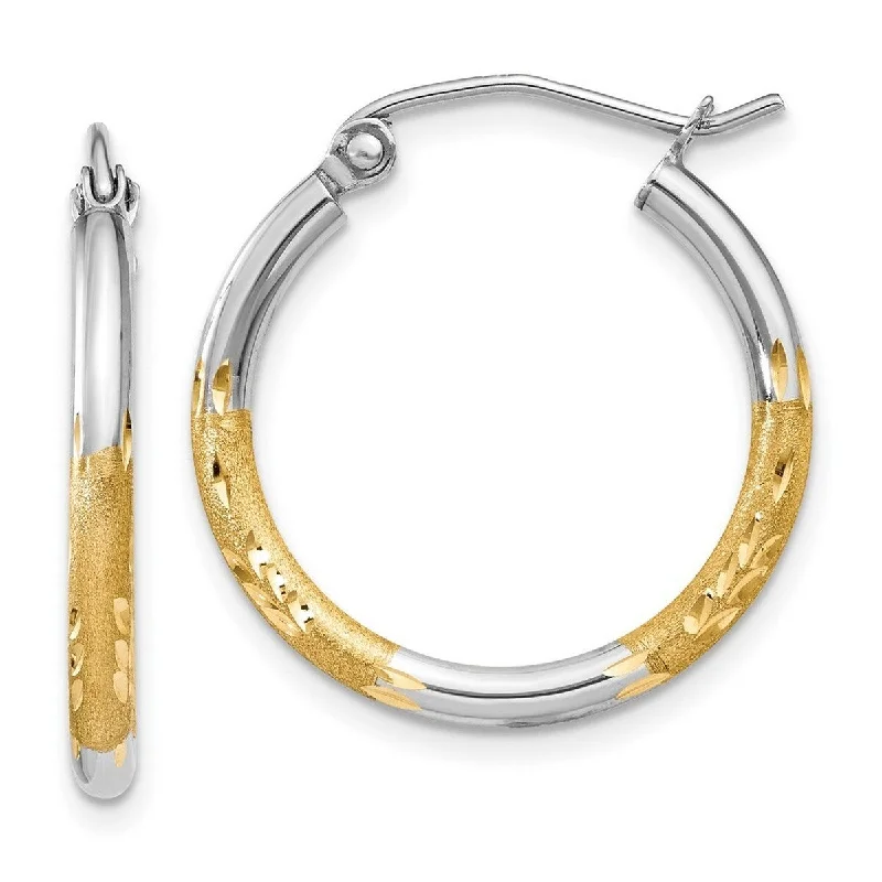 Curata 14k Yellow Gold and Rhodium 17x2mm Satin and Diamond Cut Hoop Earrings